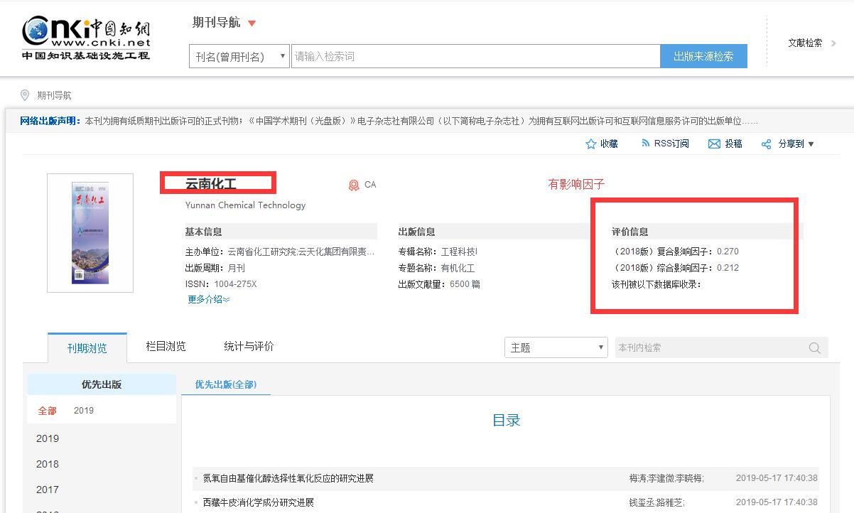 第一批学术名录刊物，《云南化工》有影响因子